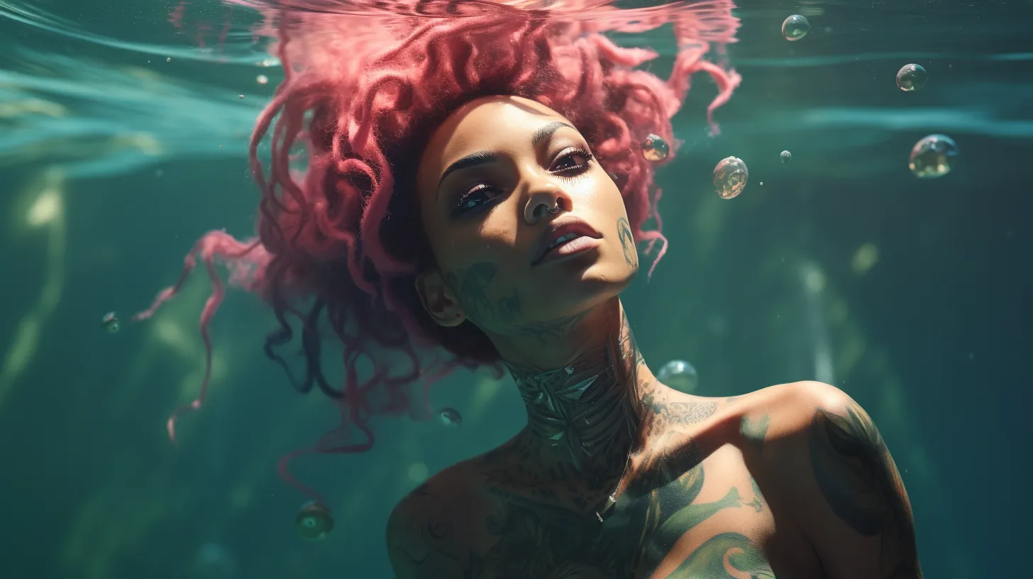 A Scorpio woman with tattoos is floating in the ocean with pink hair.