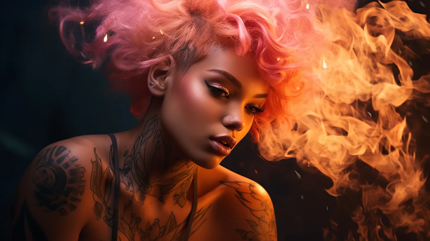 A Sagittarius woman with tattoos is in front of a fire that is spreading in her mind.
