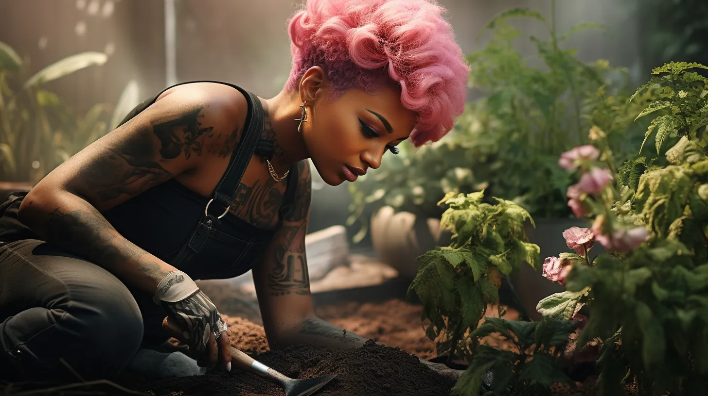A Capricorn woman with tattoos is bending over and gardening.