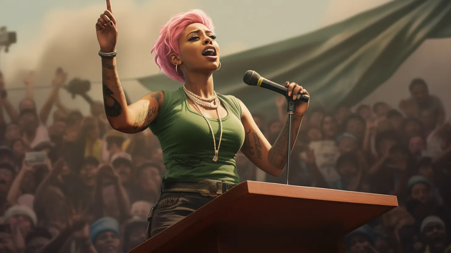 An Aquarius woman with tattoos is giving a speech to a crowd.