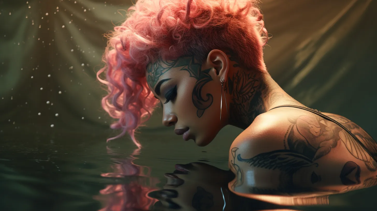 A Pisces woman with tattoos is in a pool of water looking at her own reflection.