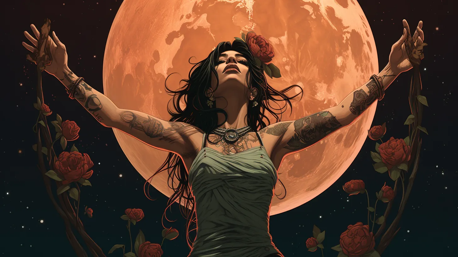 An Aries woman with tattoos is standing in front of the planet Mars surrounded by flowers.