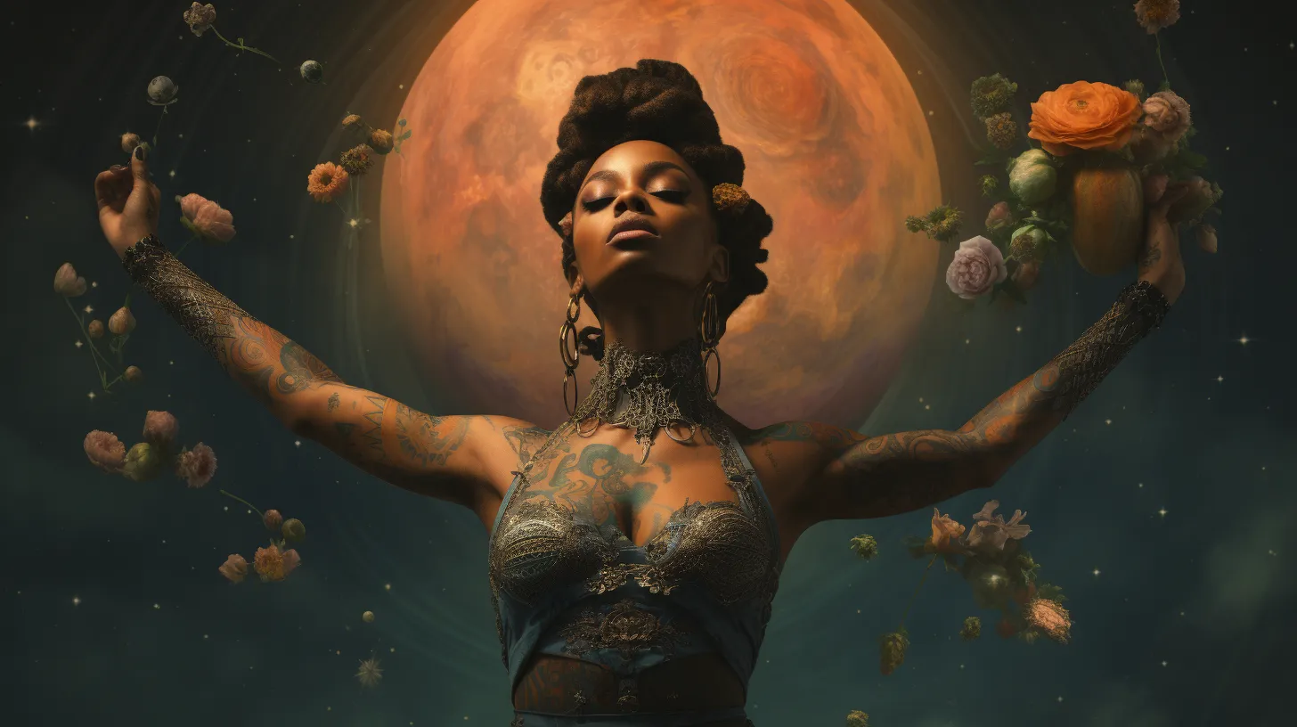 A Taurus woman with tattoos is floating in front of Venus and holding flowers into the air.