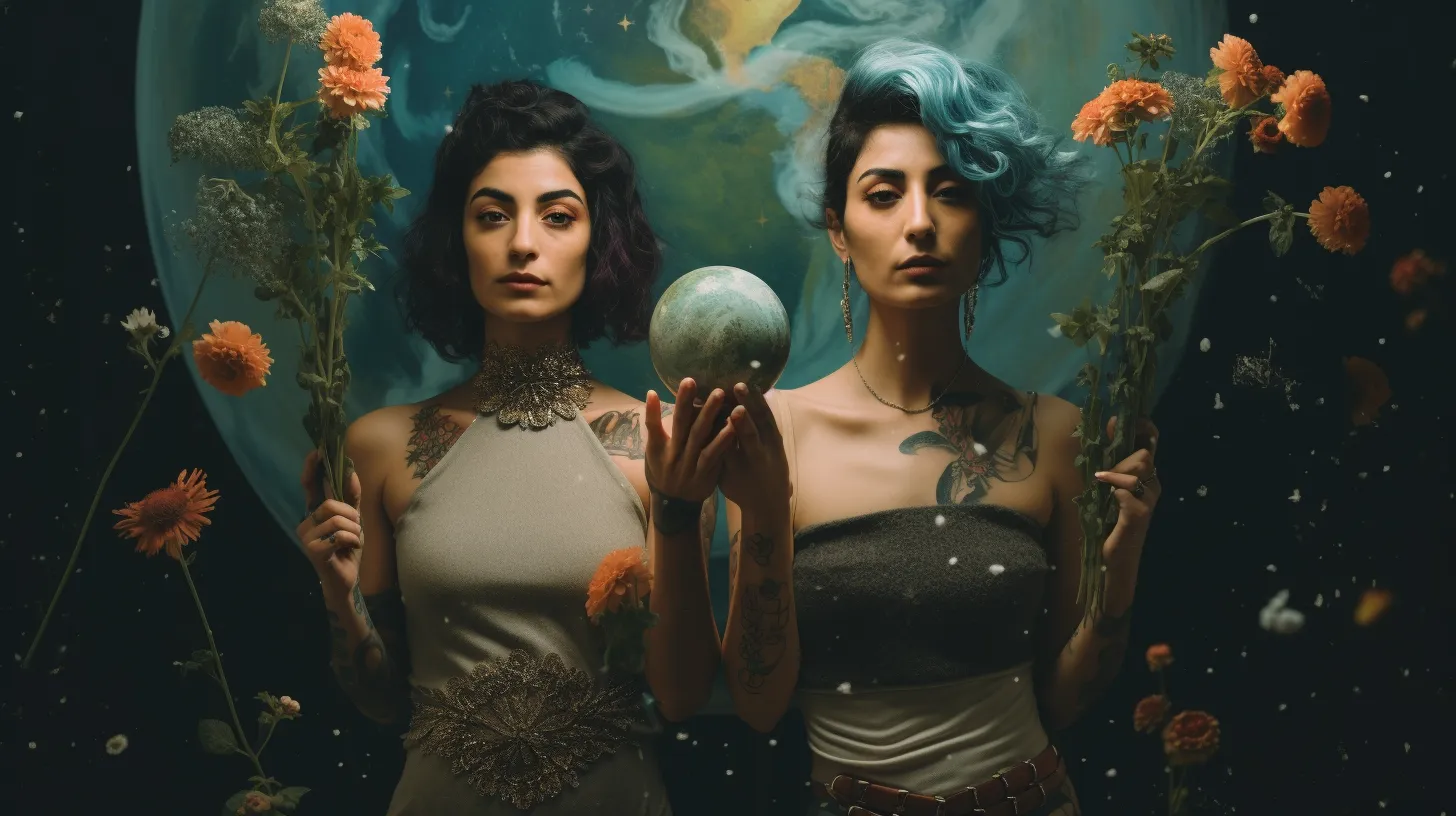 Two Gemini women with tattoos are holding up the planet Mercury which rules the Zodiac Sign Gemini.