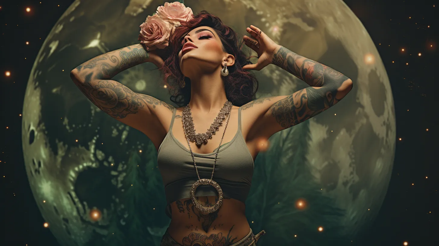 A Cancer women with tattoos is standing in front of the full moon and has flowers in her hair.