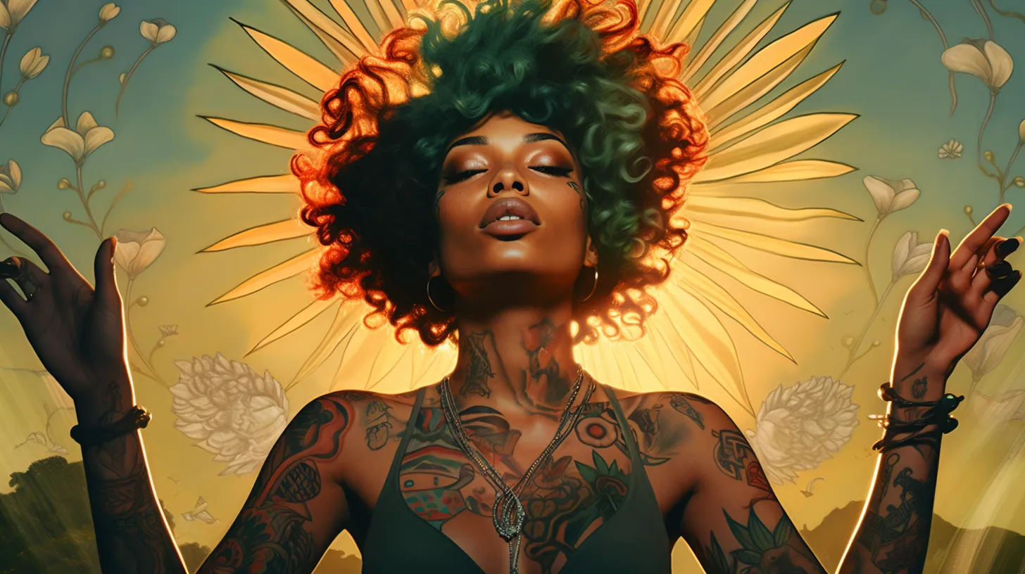 A Leo woman with tattoos is in front of a sunflower illuminated by the sun.