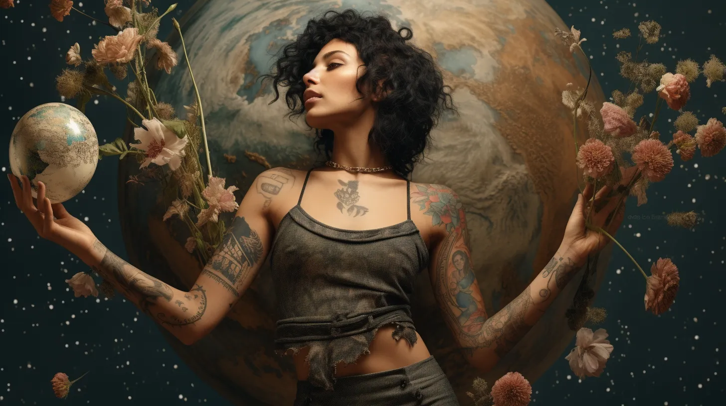 A Virgo woman with tattoos is holding the planet Mercury in her hand and there is a giant planet behind her.