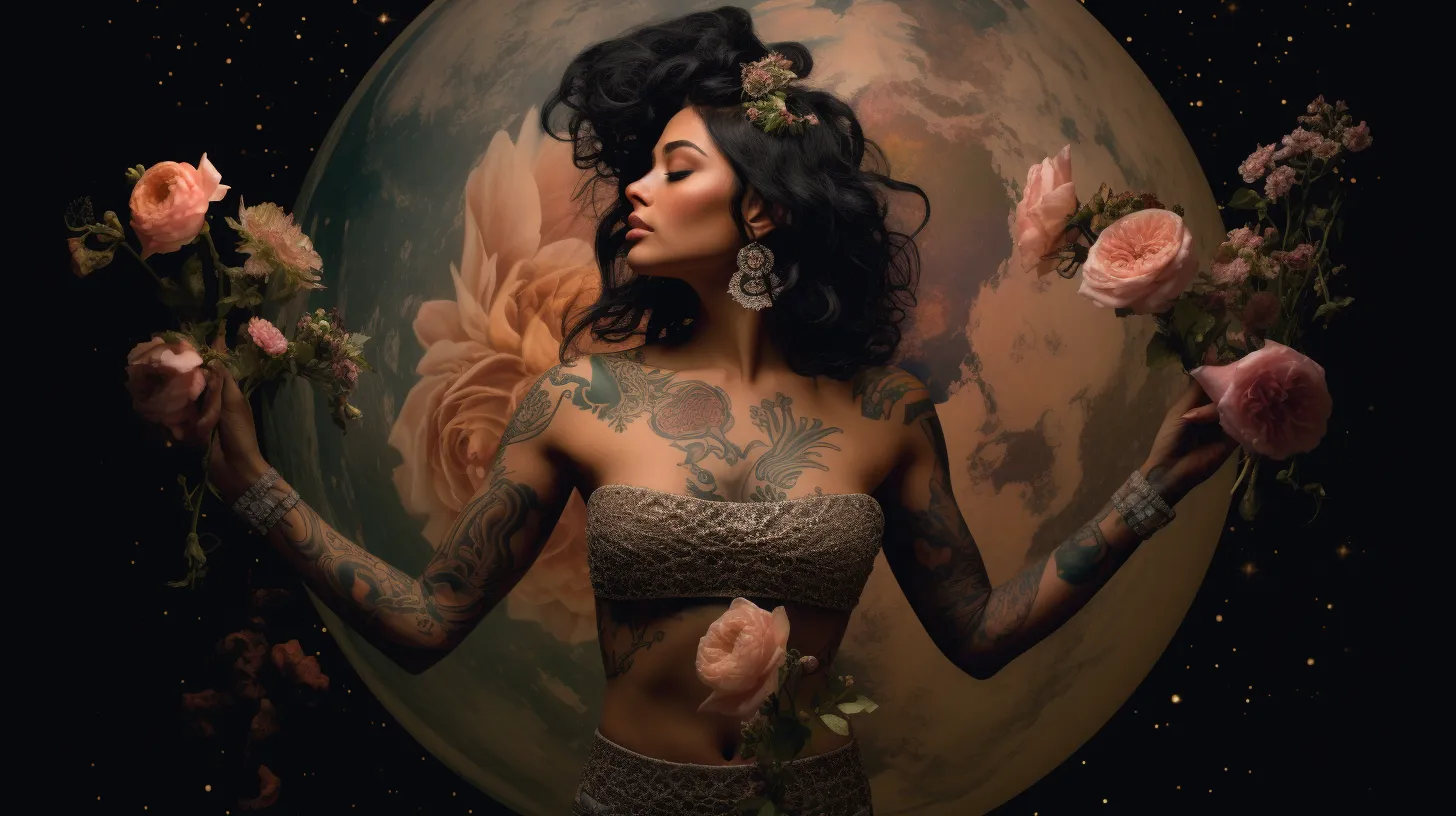 A Libra woman with tattoos is floating in front of the planet Venus and holding flowers.
