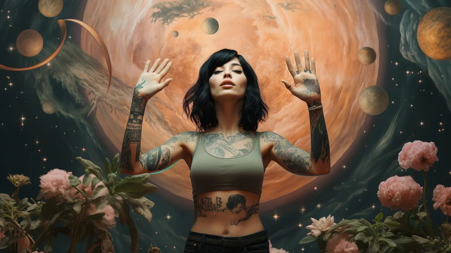 A Scorpio woman with tattoos is floating in front of the planet Pluto.
