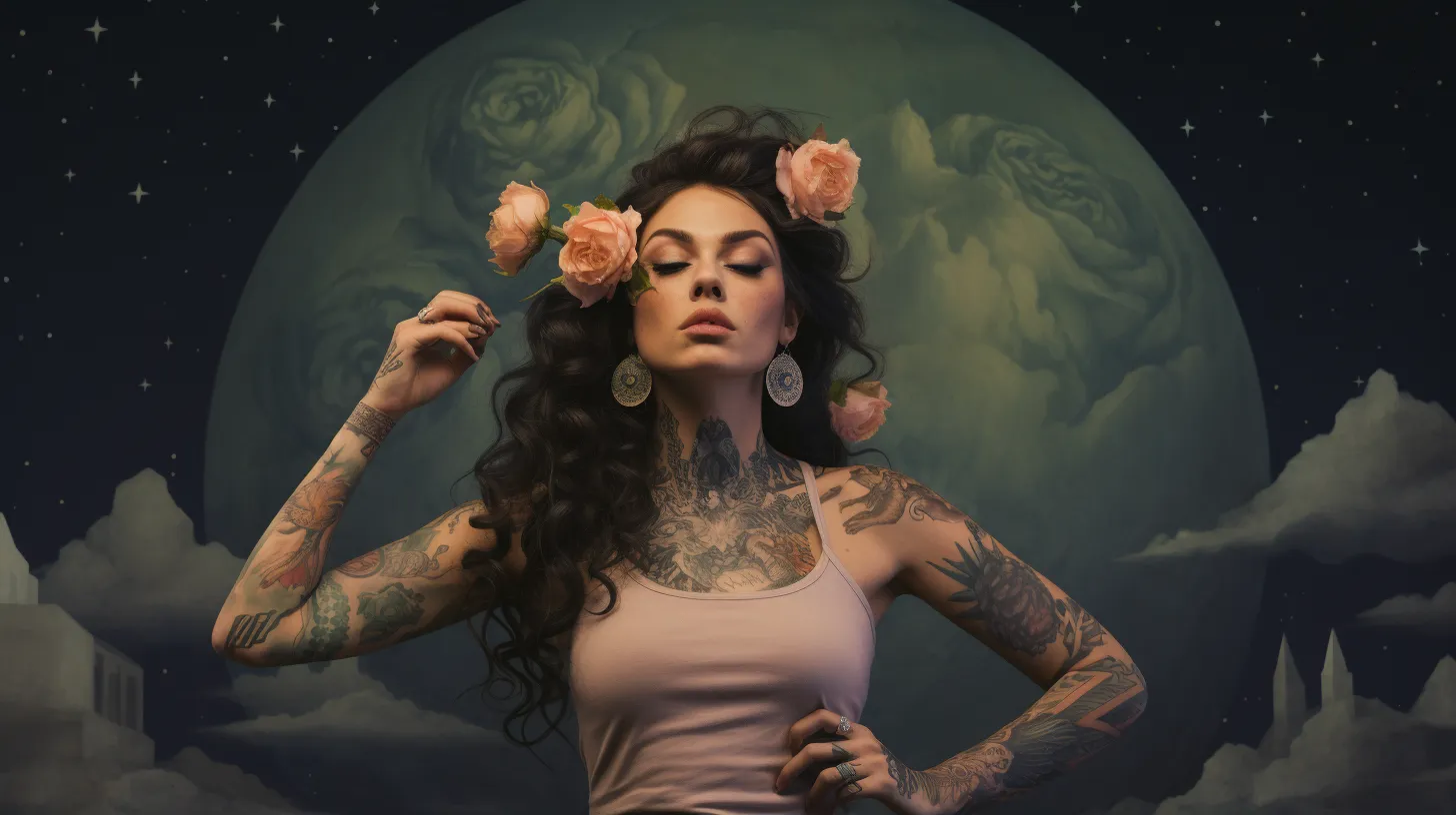A Sagittarius woman with tattoos is floating in front of the planet Jupiter and holding flowers.