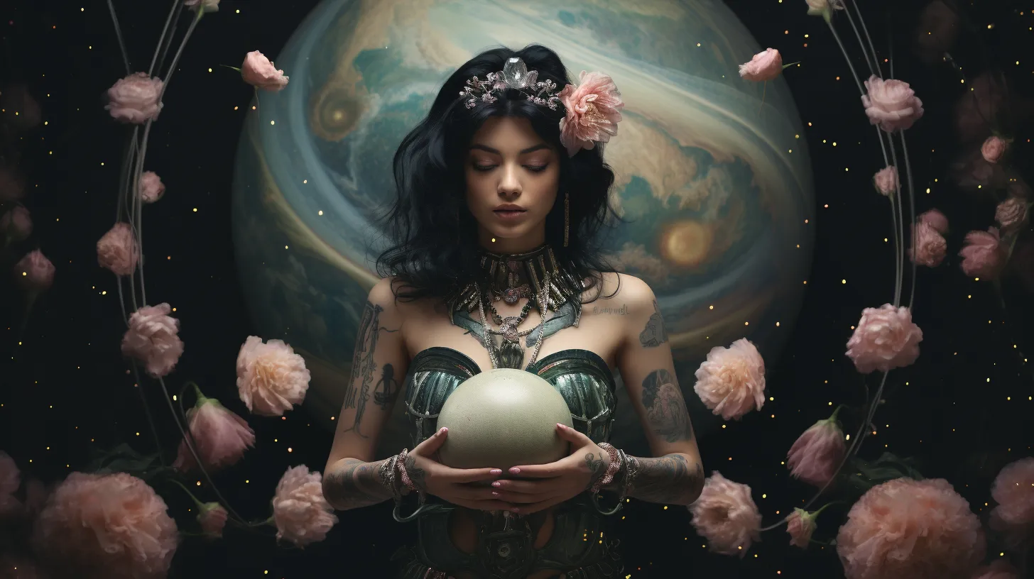 A Capricorn woman with tattoos is floating in front of the planet Jupiter.