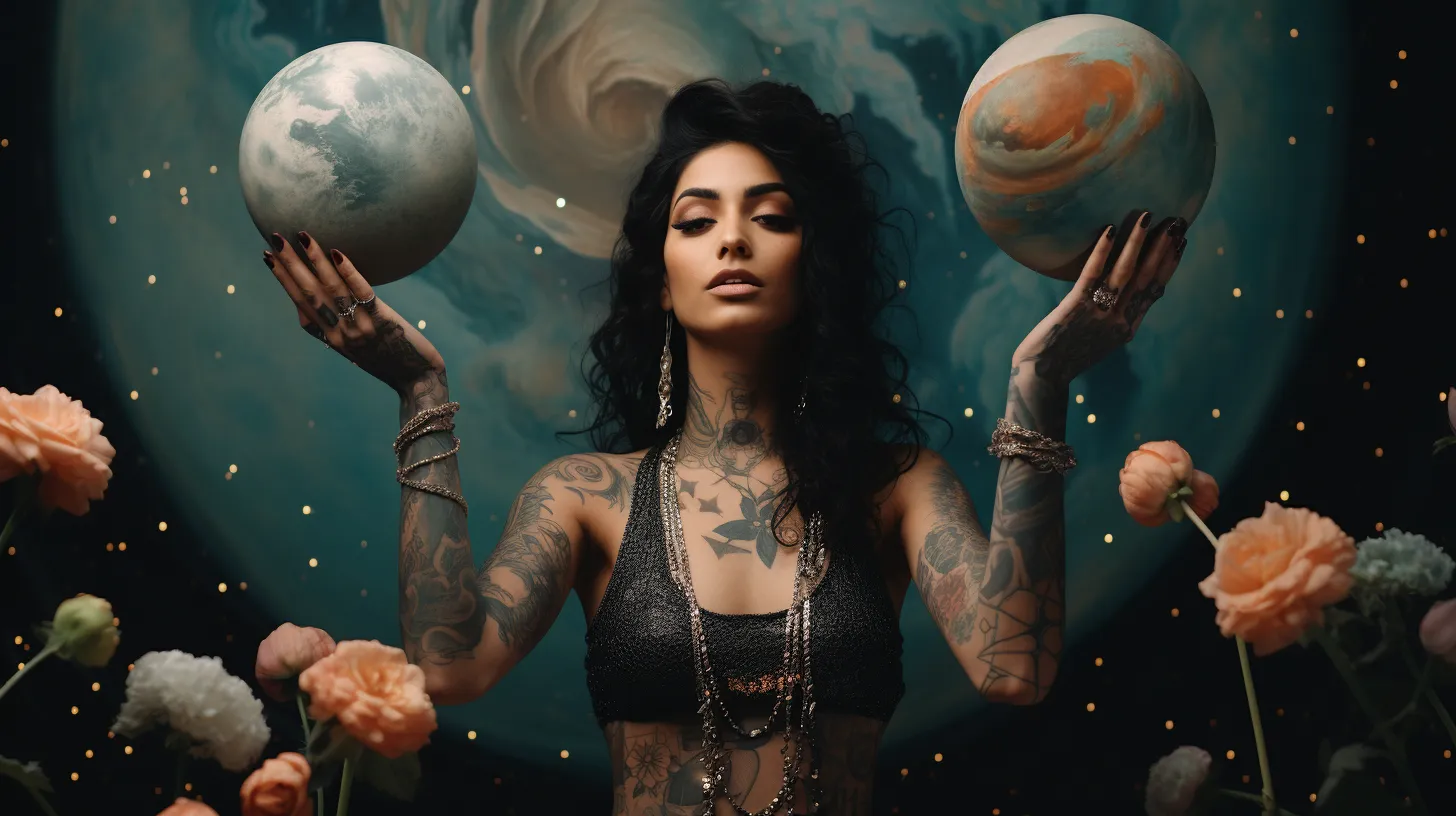 An Aquarius woman with tattoos is floating in front of the planet Uranus and holding two small planets in her hands.