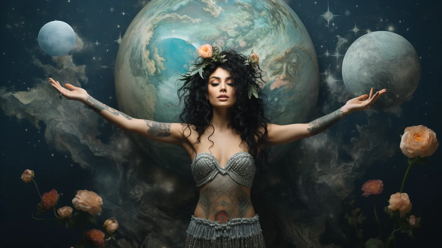 A Pisces woman with tattoos is floating in front of Neptune and it's moons.
