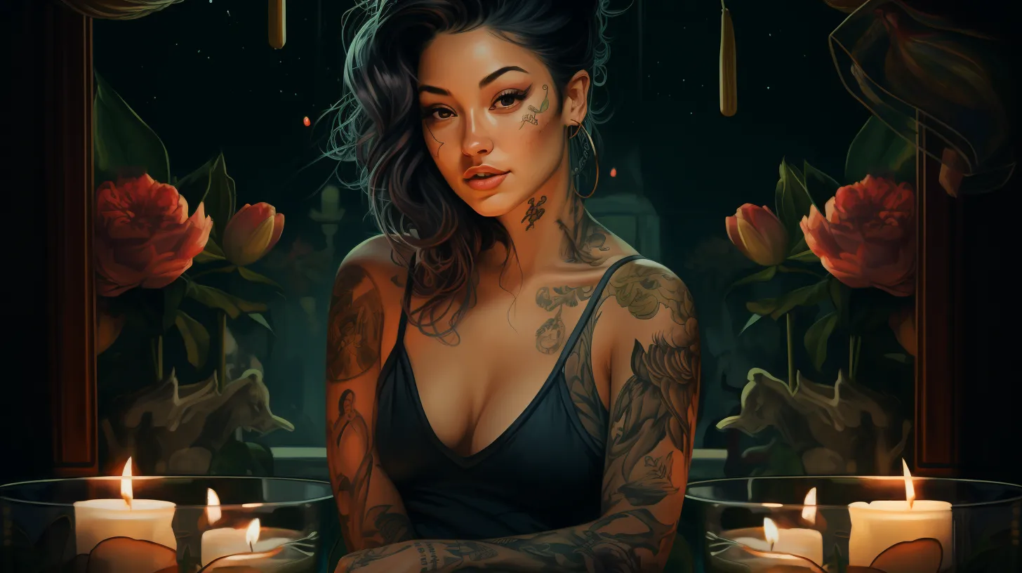 An Aries woman with tattoos is looking into the mirror and surrounded by candles and flowers.