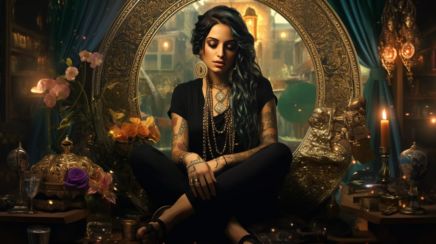 A Taurus woman with tattoos is sitting in front of a golden mirror and surrounded by wealth representing the Second House.
