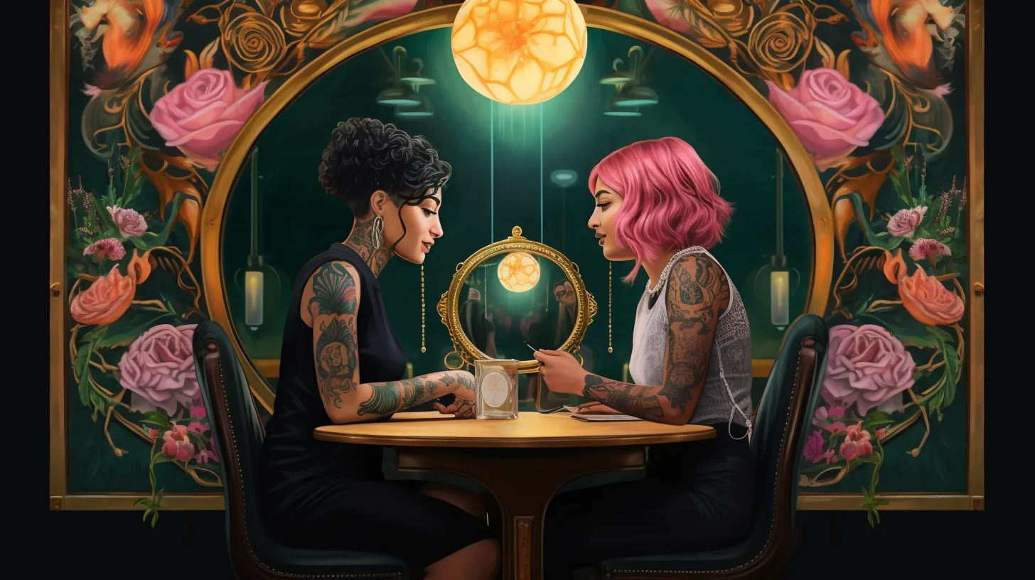 Two Gemini women with tattoos are sitting at a table and talking in front of a mirror with the moon.