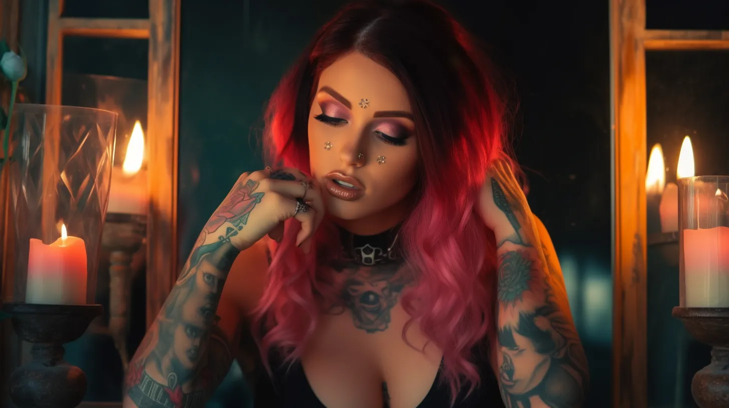 A Cancer women with tattoos is sitting in front of the mirror styling her makeup and hair with candles in the background.