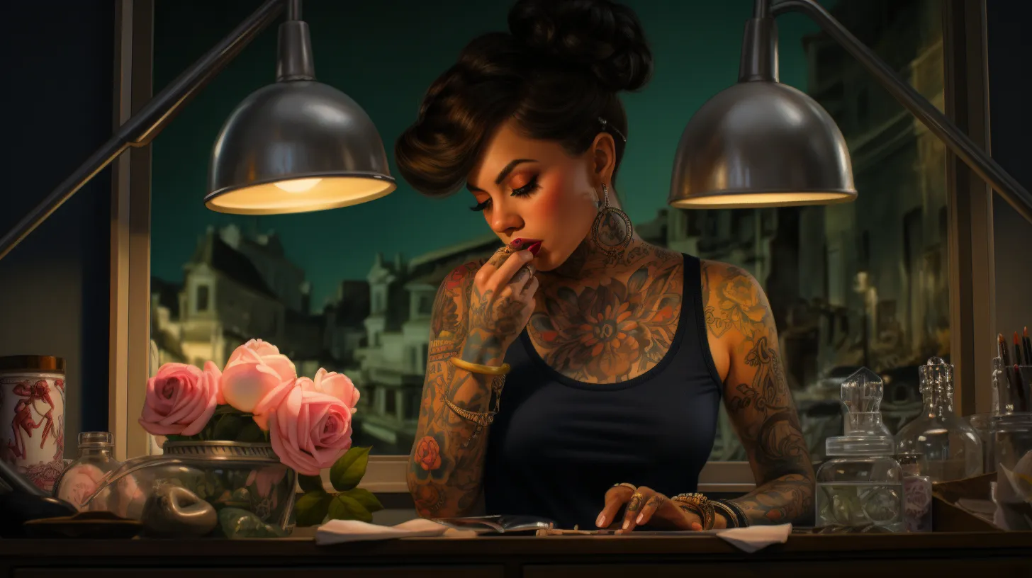 A Leo woman with tattoos is at her desk working on something surrounded by flowers and lamps.