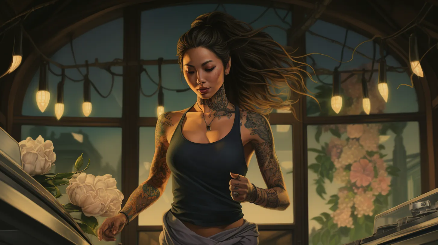 A Virgo woman with tattoos is running on a treadmill in her penthouse suit.