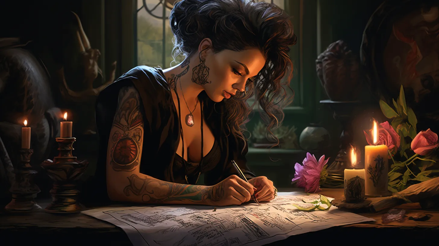 A Libra woman with tattoos is writing contracts at a desk with candles and flowers.