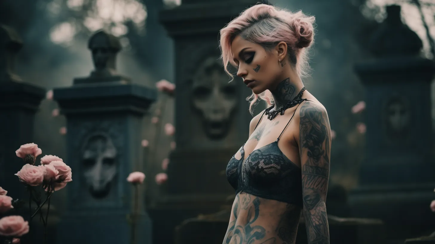 A Scorpio woman with tattoos is posing in a cemetery in front of grave stones and flowers.