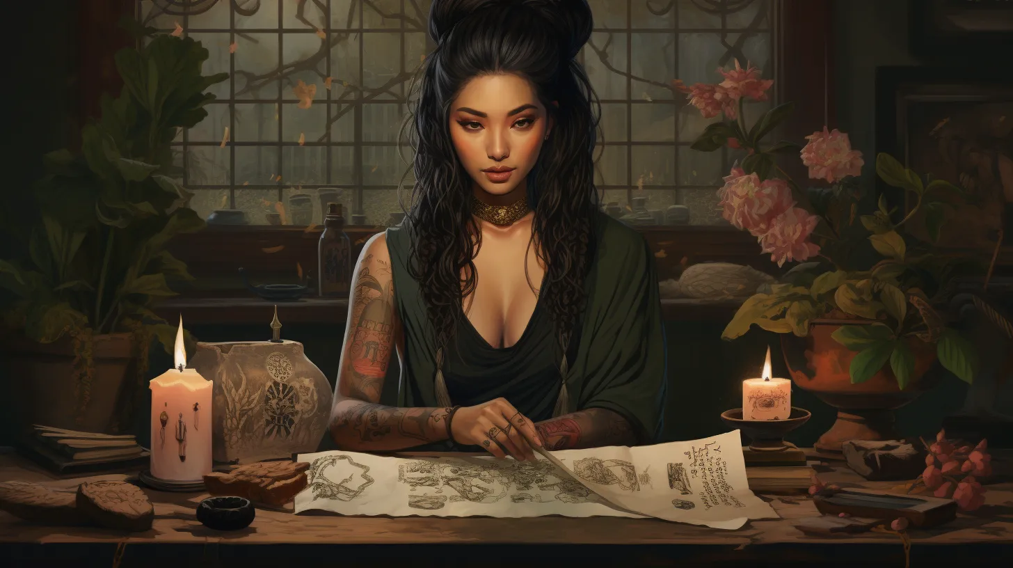 A Sagittarius woman with tattoos is studying a scroll at her desk with candles and flowers.