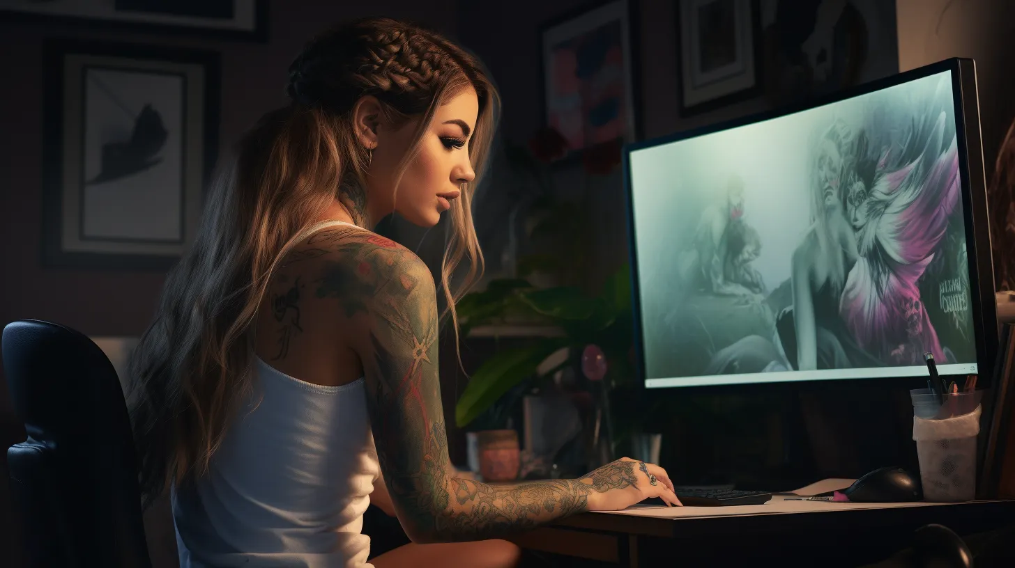 A Capricorn woman with tattoos is sitting at her computer working on art.