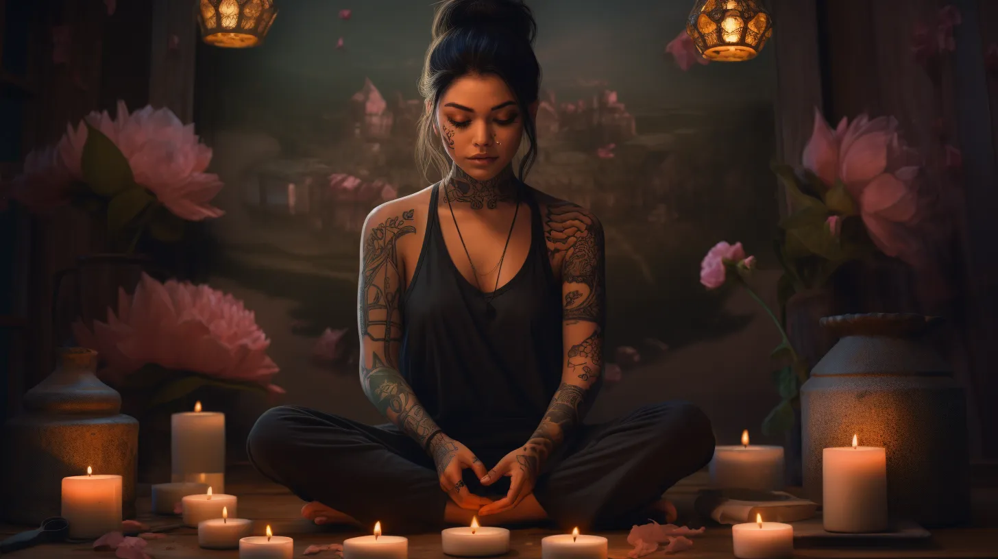 A Pisces woman with tattoos is meditating and surrounded by candles and flowers.