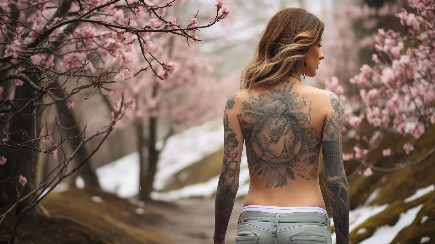 An Aries woman with tattoos is walking into Spring from Winter.