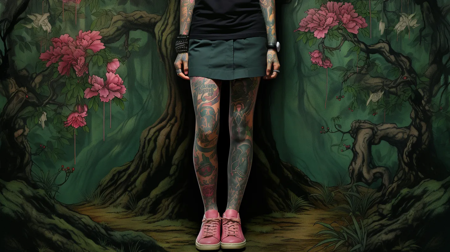 A Taurus woman with tattoos is standing with pink shoes in the forest, firmly rooted in her Fixed Modality.