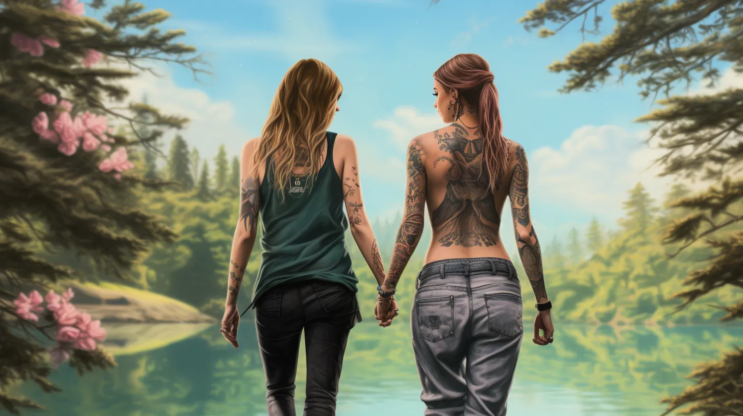 Two Gemini women with tattoos are standing in front of a lake in the summer time and leaving spring time behind them.
