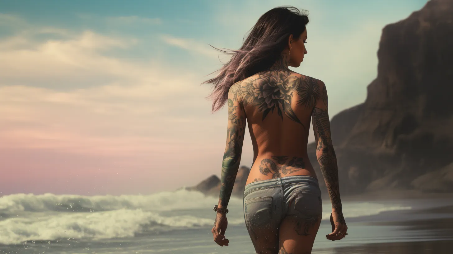 A Cancer women with tattoos is walking along the beach in ripped jean shorts at sunset.