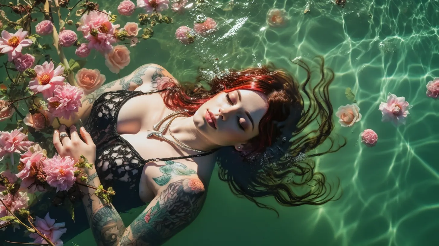 A Leo woman with tattoos is floating in a lake in her bikini with flowers floating around her.