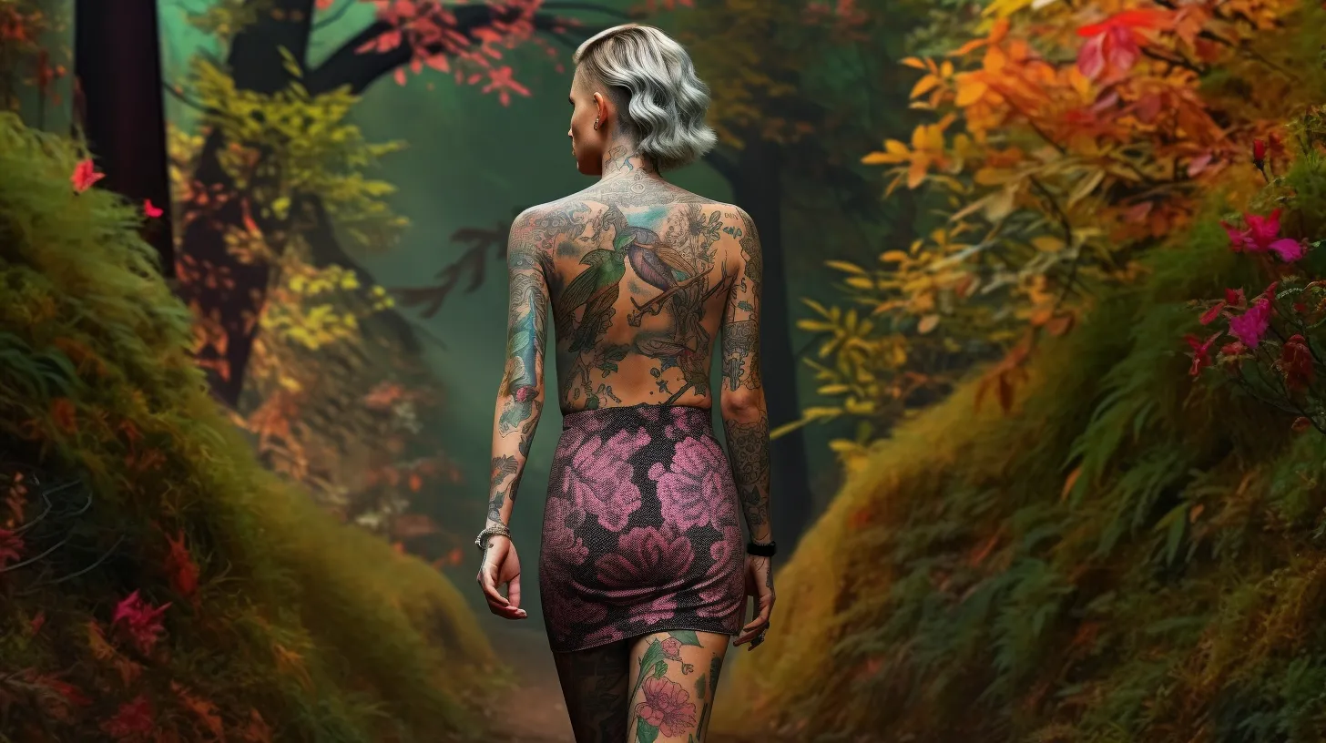 A Virgo woman with tattoos is walking in the forest as summer turns to fall.