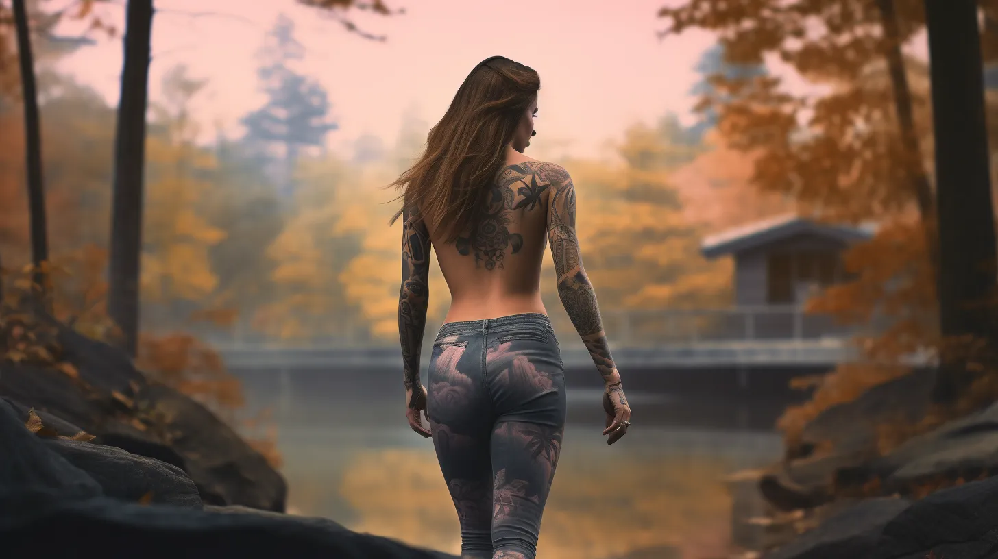 A Libra woman with tattoos is walking towards a lake in the forest during autumn.