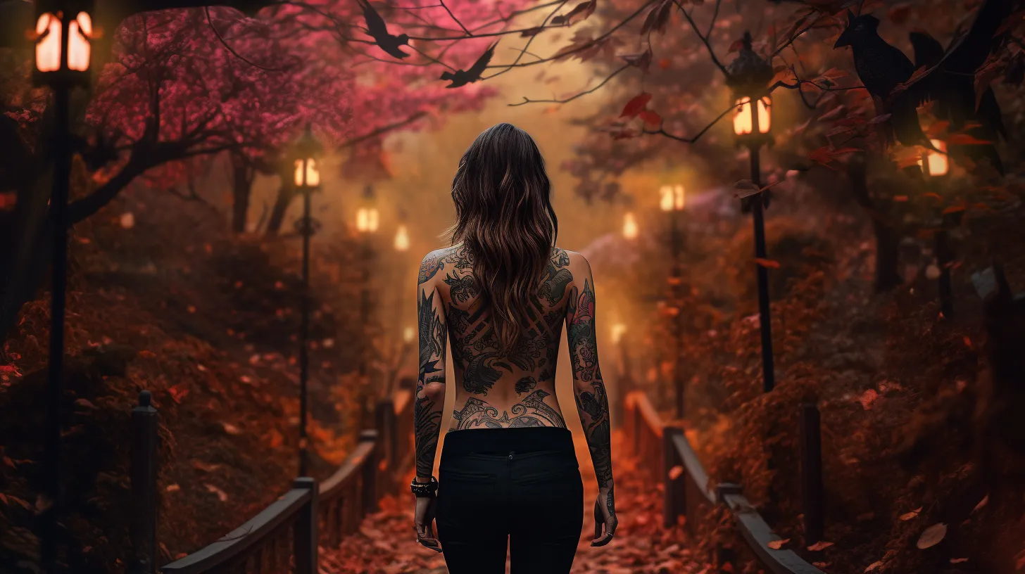 A Scorpio woman with tattoos is walking along a path in the fall with lanterns around her and fallen leaves.