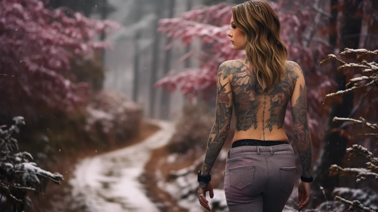 A Sagittarius woman with tattoos is walking in the end of fall as it turns to winter and begins to snow.