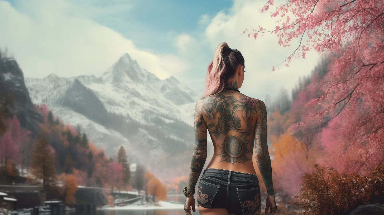 A Capricorn woman with tattoos is walking through a fall in front of mountains and walking from autumn to winter.