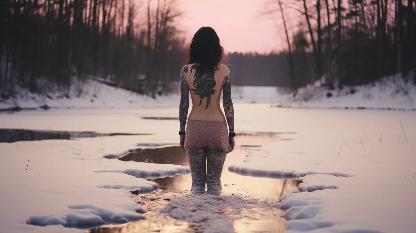 An Aquarius woman with tattoos is standing in a frozen lake in the middle of winter in the woods.