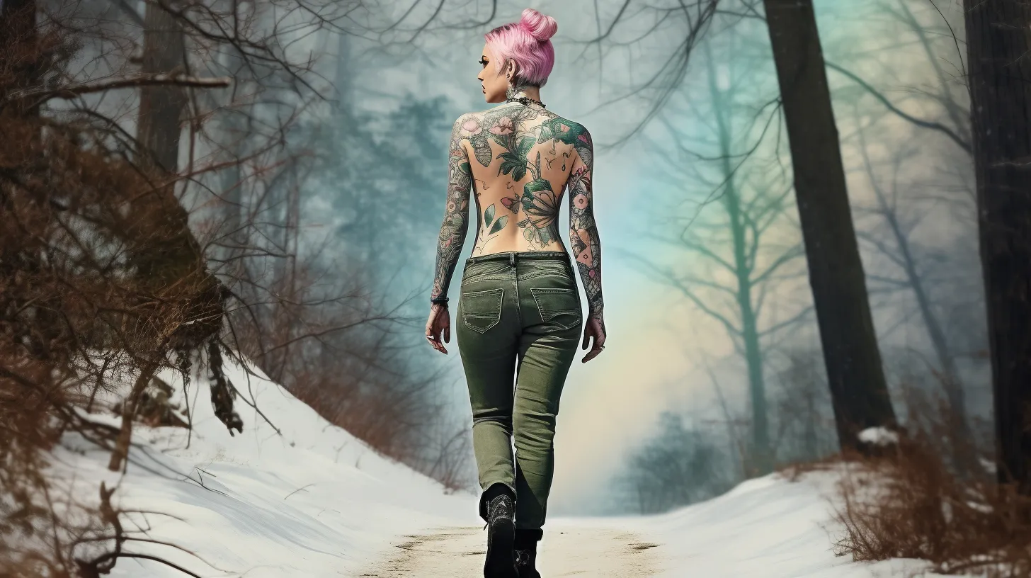A Pisces woman with tattoos is walking down a path in the wintertime as it turns to spring.
