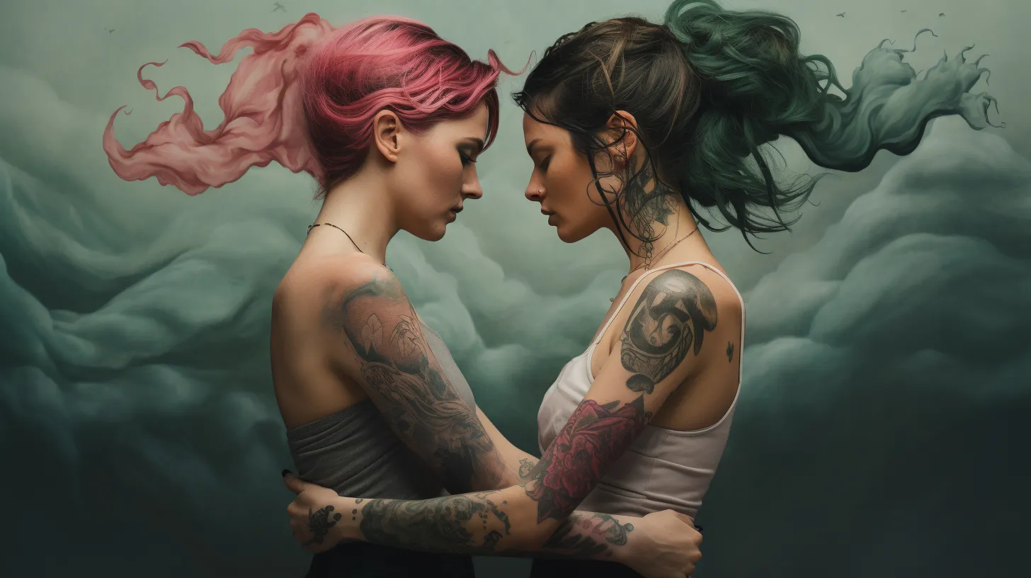 Two Gemini women with tattoos are floating in front of a cloud with their hair blowing in the wind.