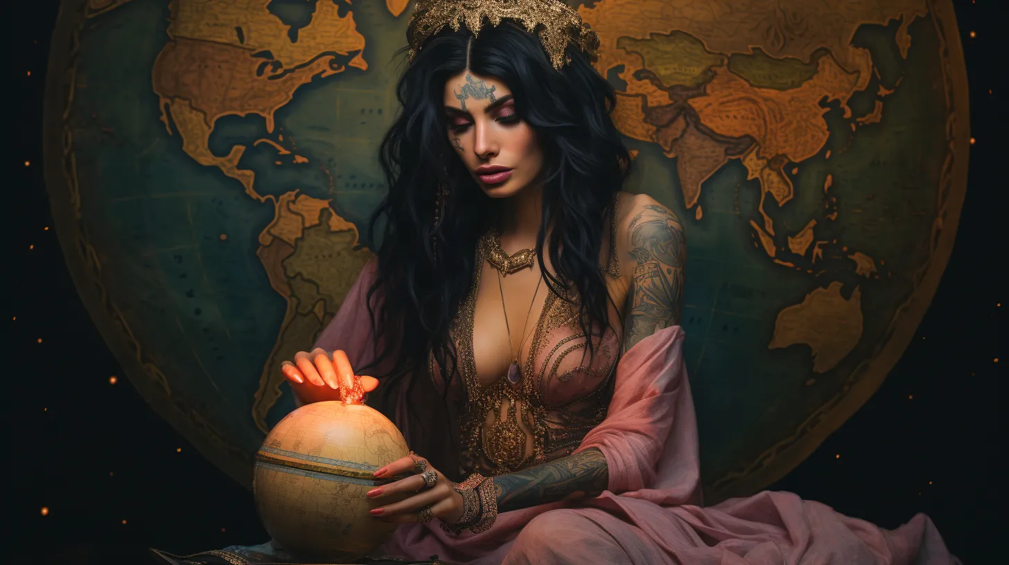 A Leo woman with tattoos is ruling over the globe with her hot iron in front of a map.