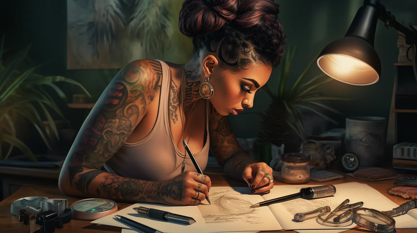 A Virgo woman with tattoos is sketching in a notebook and is very into it.