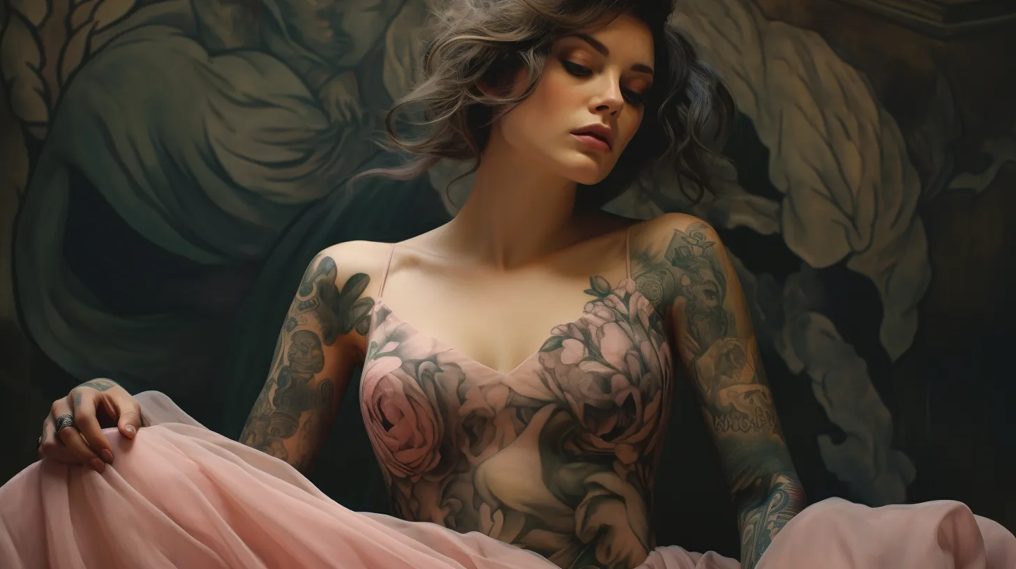 A Libra woman with tattoos is dancing in a pink dress in front of a wall with decorations.