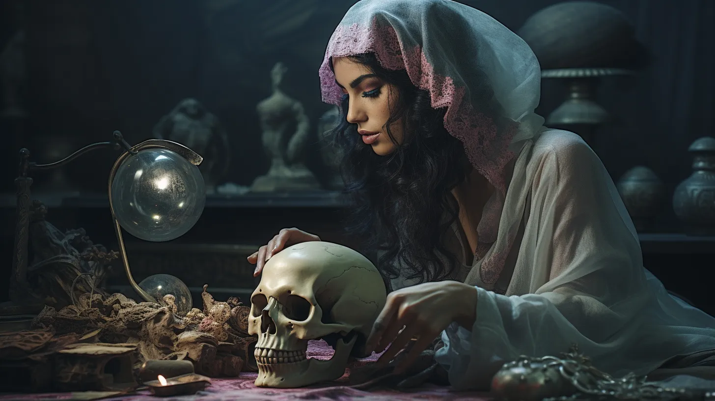 A Scorpio woman with tattoos is examining a skull on a table.