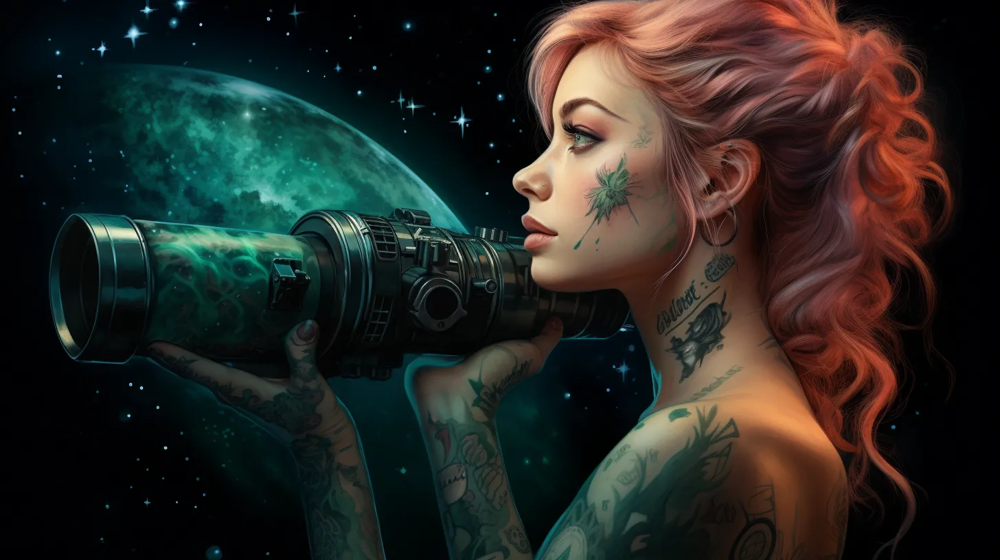 A Sagittarius woman with tattoos is looking up at the stars and holding a green telescope.