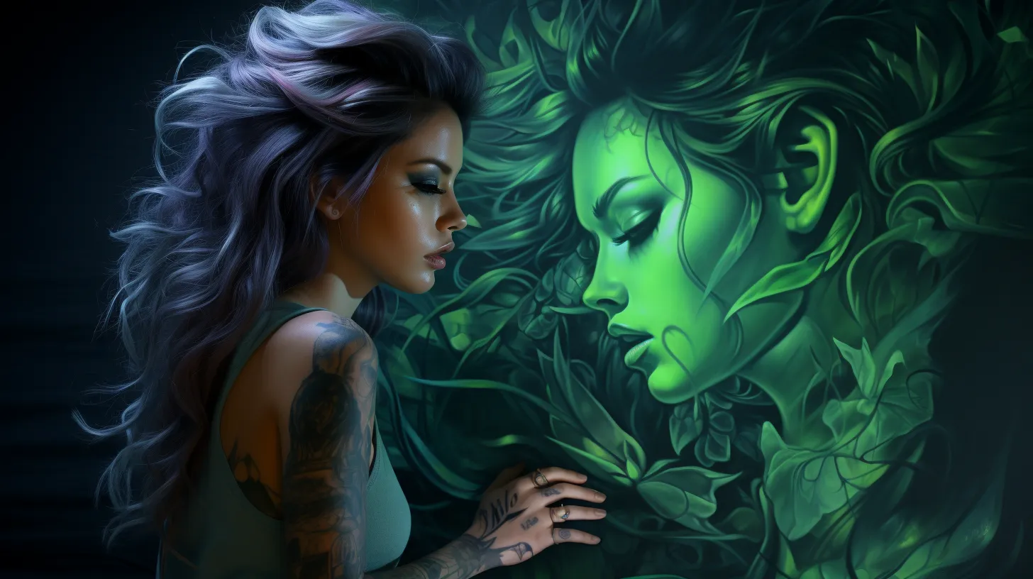 A Capricorn woman with tattoos is standing in front of an image of herself as she plans her own future.