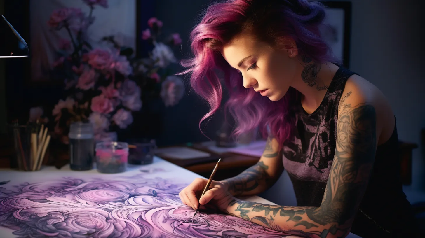 An Aquarius woman with tattoos is painting a pictures of purple flowers in her home studio.