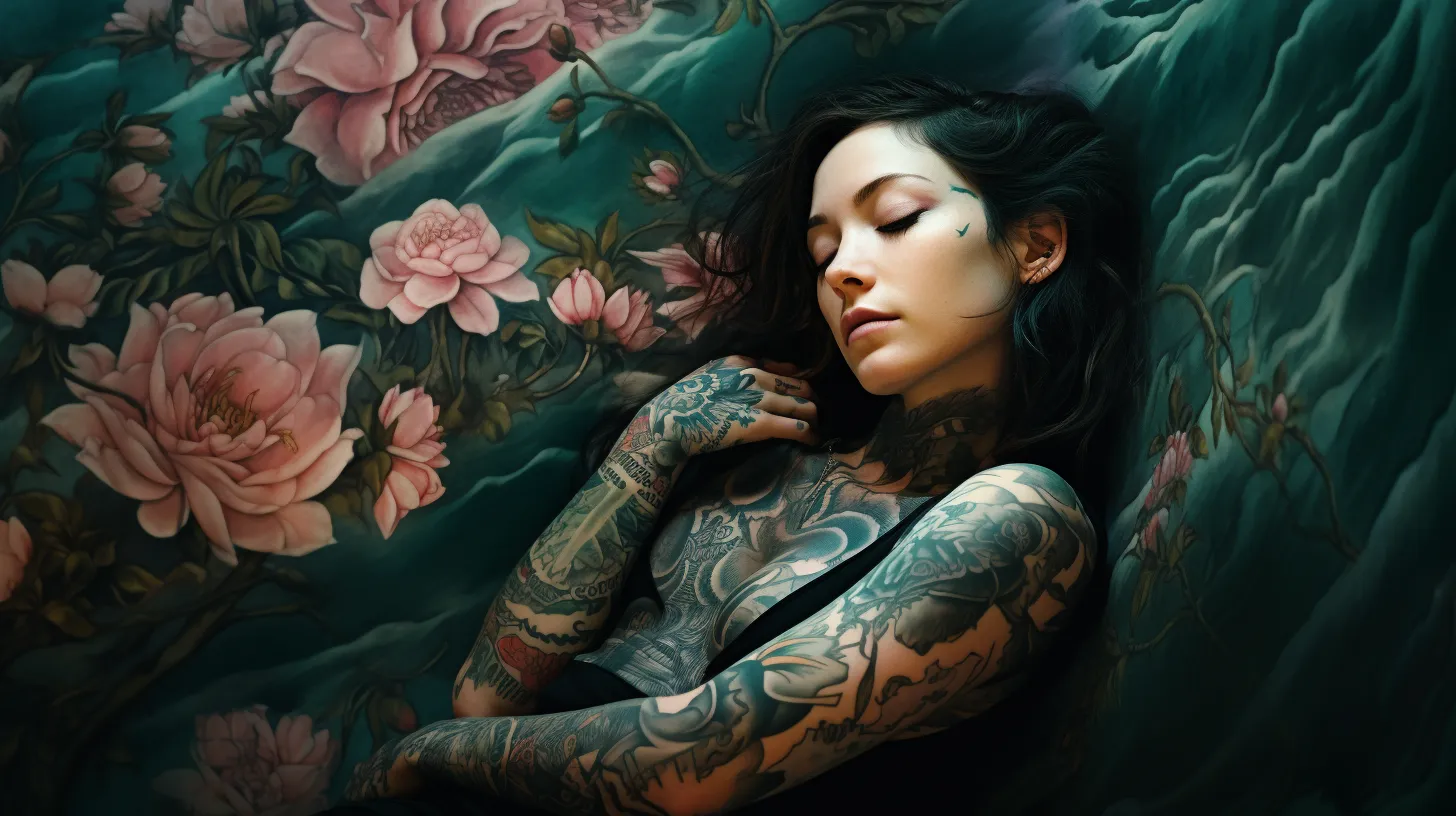 A Pisces woman with tattoos is in a dreamscape of her own mind surrounded by water and pink flowers.