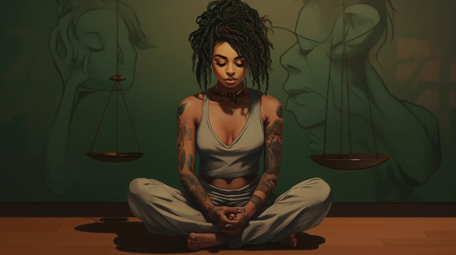 An Aries woman with tattoos is meditating next to the Scales of Justice.